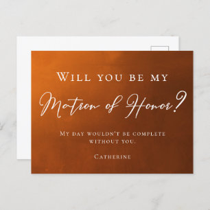 Rustic Burnt Orange Will You Be My Matron of Honou Postcard