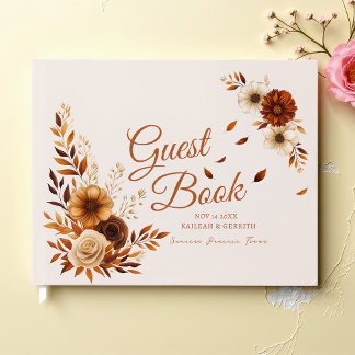 Rustic Burnt Sienna Beige Fall Leaves Wedding  Guest Book