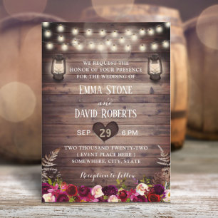 Rustic Burugndy Flowers & Lanterns Fall Wedding Invitation
