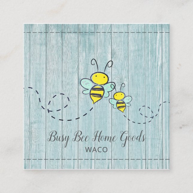 Rustic Busy Bumble Bees Wood Grain Home Goods Square Business Card (Front)