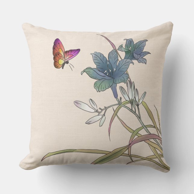 Rustic Butterflies and Orchid Flowers Cushion (Front)