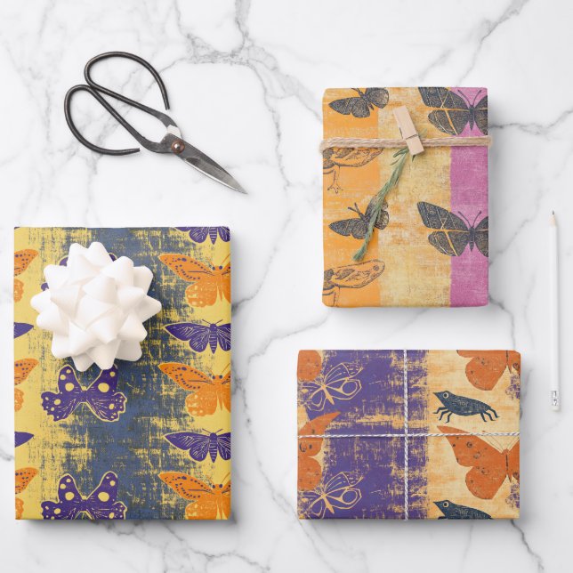 Rustic Butterfly Collage Wrapping Paper Set (Front)