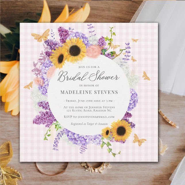 Rustic Butterfly Sunflower Hydrangea Bridal Shower Invitation (rustic butterfly bridal shower invitation pink gingham sunflower hydrangea lilac wreath gold elegant)