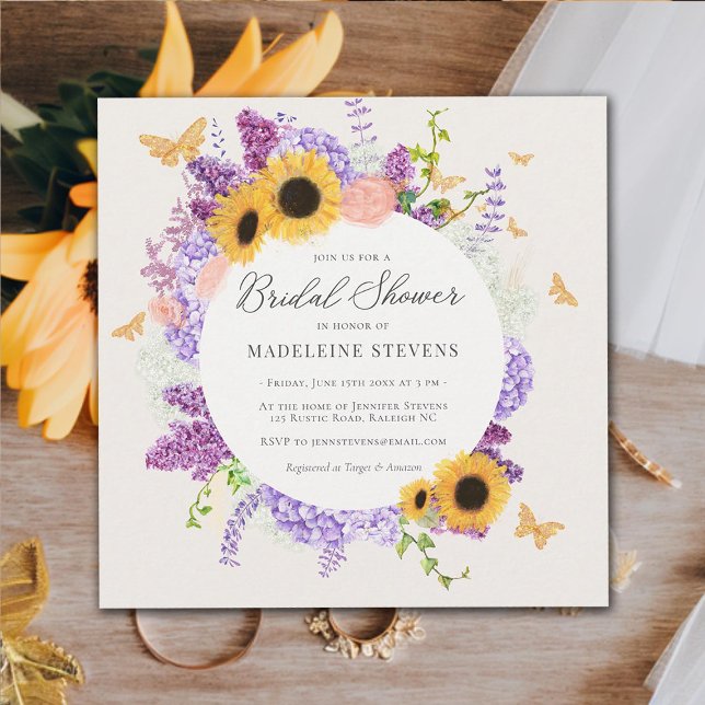Rustic Butterfly Sunflower Lilac Bridal Shower Invitation (rustic butterfly bridal shower invitation sunflower hydrangea lilac wreath elegant modern romantic)