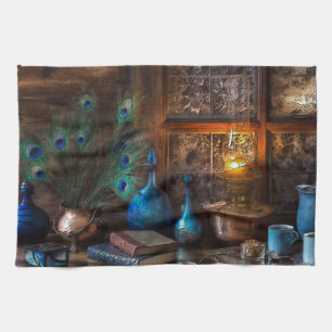 Rustic Cabin by lamplight scene brown blue  Tea Towel