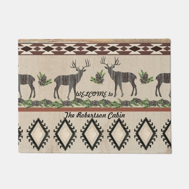 Rustic Cabin Deer Mountains Woodland Family Name Doormat (Front)