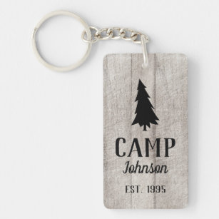 Rustic Cabin Family Camp Black Tree Key Ring