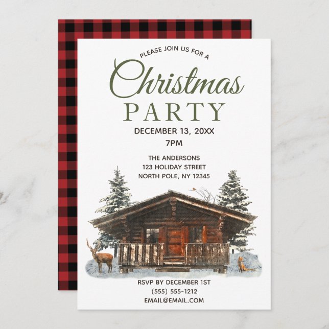 Rustic Cabin Forest Deer Cardinal Christmas Party Invitation (Front/Back)