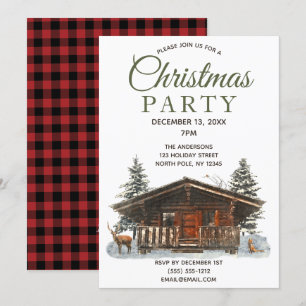 Rustic Cabin Forest Deer Cardinal Christmas Party Invitation