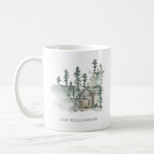 Rustic Cabin Forest Green Personalised Christmas Coffee Mug (Left)