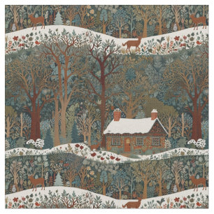 Rustic cabin in the snowy woodland landscape fabric