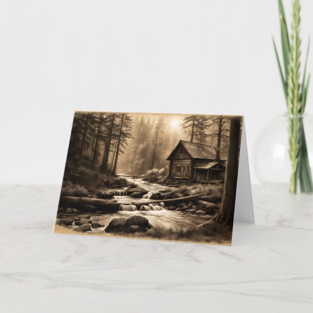 Rustic Cabin in the Woods Sepia Toned Father's Day Card (Front)