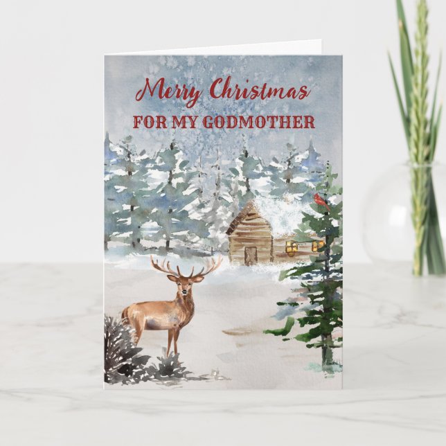 Rustic Cabin in Woods Godmother Merry Christmas Card (Front)