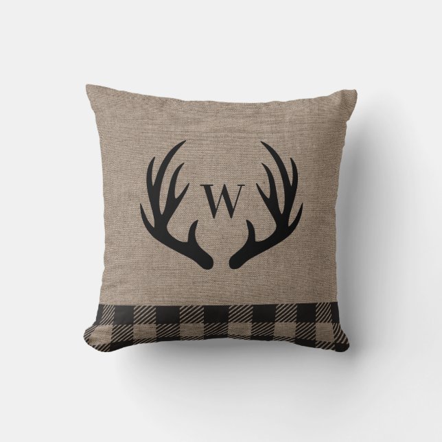 Rustic Cabin Lodge Antlers Monogrammed  Cushion (Front)
