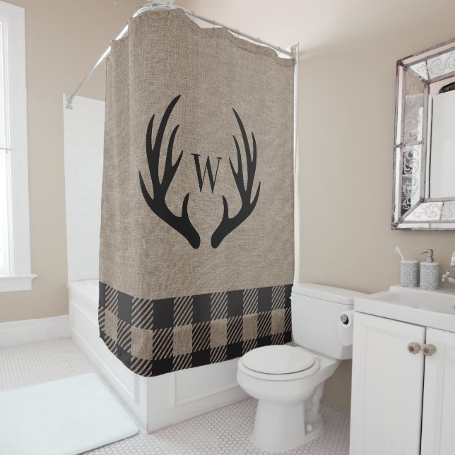 Rustic Cabin Lodge Antlers Monogrammed Linen  Shower Curtain (In Situ)