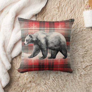 Rustic Cabin Lodge Bear on Red Plaid Cushion