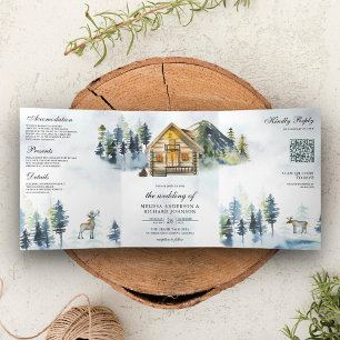 Rustic Cabin Lodge Mountain Forest QR Code Wedding Tri-Fold Invitation