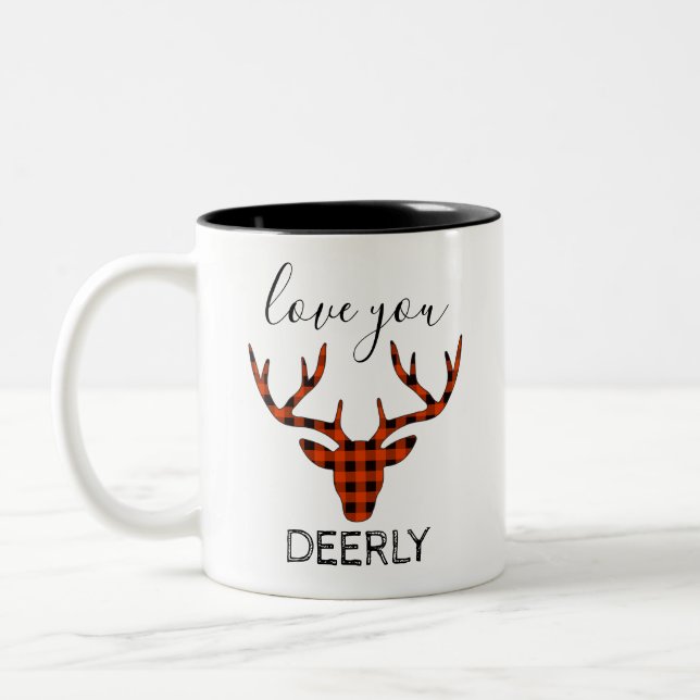 Rustic Cabin Love You Deerly Buffalo Plaid  Two-Tone Coffee Mug (Left)