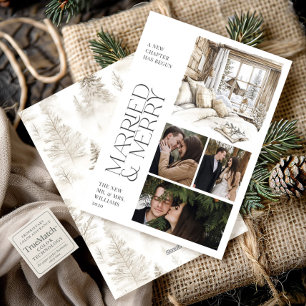 Rustic Cabin Married & Merry Collage Photo Holiday Card