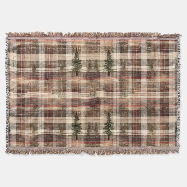 Rustic Cabin Plaid with Pine Trees Throw Blanket (Front)