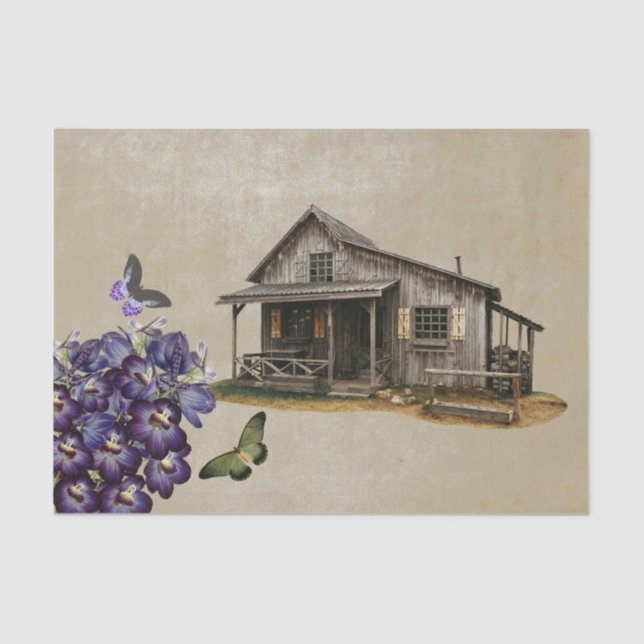 Rustic Cabin Purple Floral Butterflies Decoupage Tissue Paper (Front)