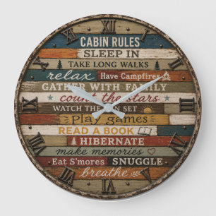 Rustic Cabin Rules Wooden Lake House Lodge Large Clock