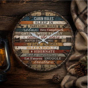 Rustic Cabin Rules Wooden Lake House Lodge Large Clock