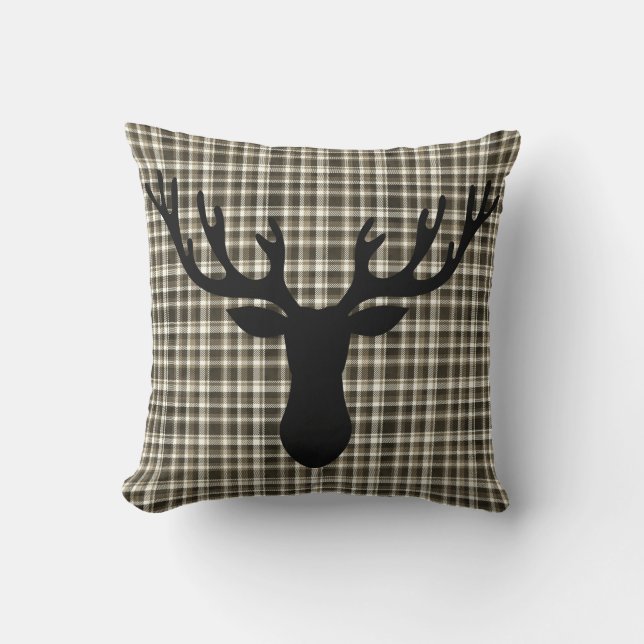 Rustic Cabin Small Plaid Pattern Deer Silhouette Cushion (Front)