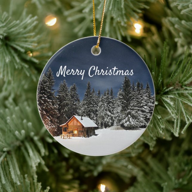 Rustic Cabin Snow Winter  Christmas Ceramic Tree Decoration (Tree)