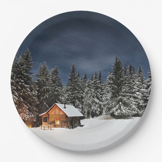 Rustic Cabin Snow Winter Paper Plate (Front)