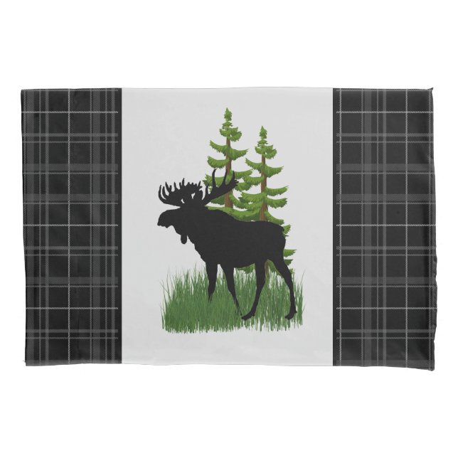 Rustic Cabin Style Black Plaid Moose Silhouette  Pillowcase (Front)