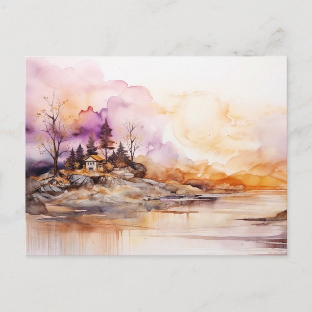 Rustic Cabin Sunset Lake Alcohol Ink Art Postcard  (Front)