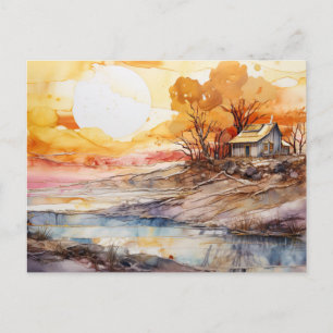 Rustic Cabin Sunset Lake Alcohol Ink Art Postcard