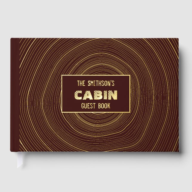 Rustic Cabin Vacation Home Rental Gold Tree Rings Guest Book (Front)
