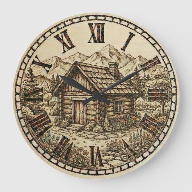 Rustic Cabin Wall Clock – Mountain Lodge style  (Front)