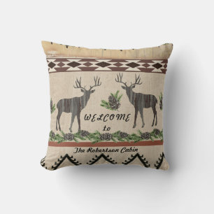 Rustic Cabin Welcome Family Name Deer Antlers Pine Cushion