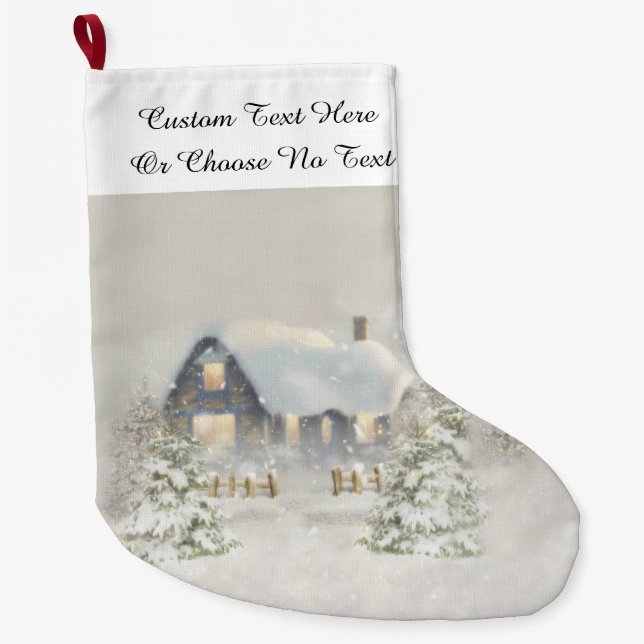 Rustic Cabin Winter Snow Woodland Forest Large Christmas Stocking (Front)