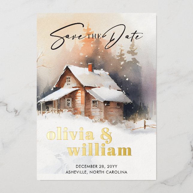 Rustic Cabin Winter Wedding Save The Date (Front)