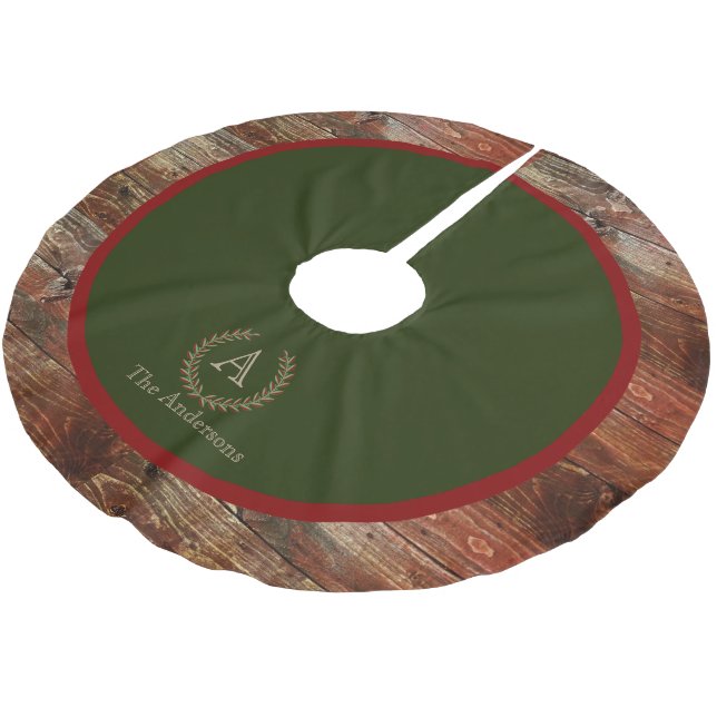 Rustic Cabin Wood Monogram Family Name Brushed Polyester Tree Skirt (Angled)