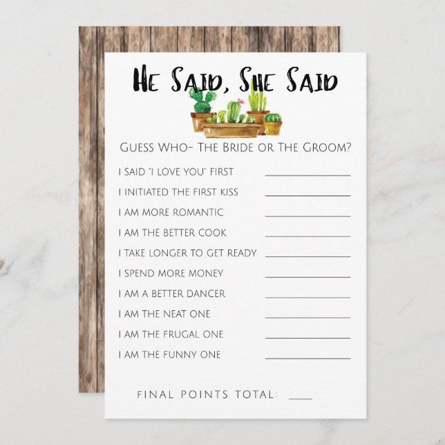 Rustic Cactus Bridal Shower Game-He/She Said Invitation (Front/Back)