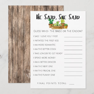 Rustic Cactus Bridal Shower Game-He/She Said Invitation