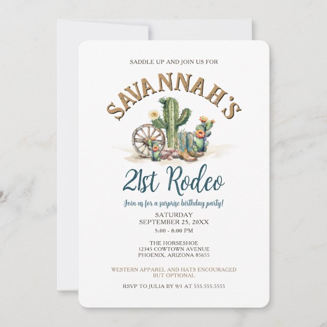 Rustic Cactus Cowgirl Rodeo Birthday Party Invitation (Front)