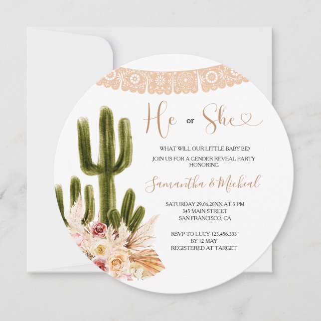 Rustic Cactus Floral Gender Reveal  Invitation (Front)