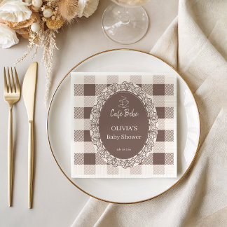 Rustic Cafe Bebe Taupe Buffalo Plaid Baby Shower Napkin