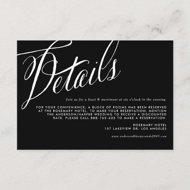 Rustic Calligraphy Black and White Wedding Details Enclosure Card (Front)