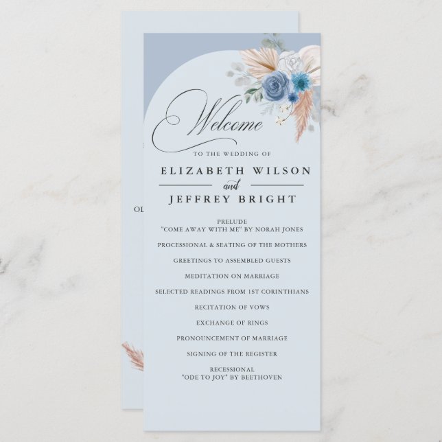 Rustic Calligraphy Boho Dusty Blue Pampas Wedding Programme (Front/Back)