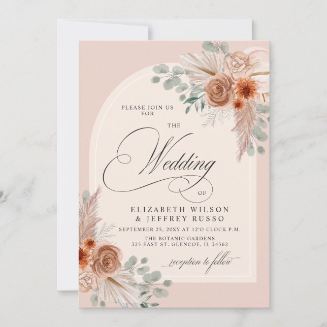 Rustic Calligraphy Boho Terracotta Pampas Wedding Invitation (Front)