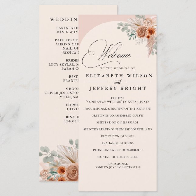Rustic Calligraphy Boho Terracotta Pampas Wedding Programme (Front/Back)