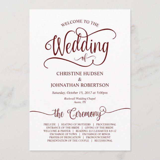 Rustic Calligraphy, Bungundy, Wedding Ceremony Programme (Front)