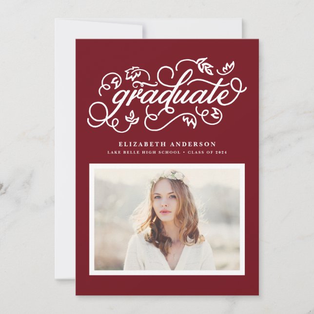 Rustic Calligraphy Burgundy Photo Graduation Invitation (Front)